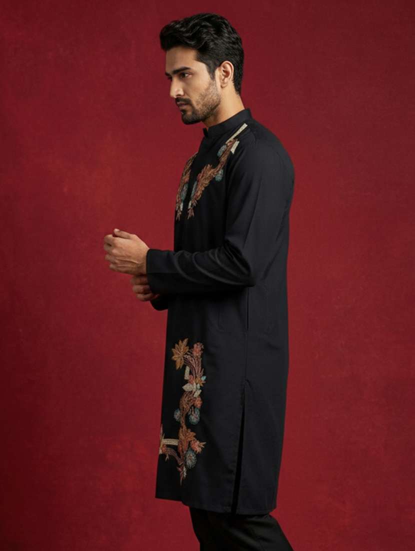 men solid with work mandarin neck long kurta - 22395547 -  Standard Image - 3