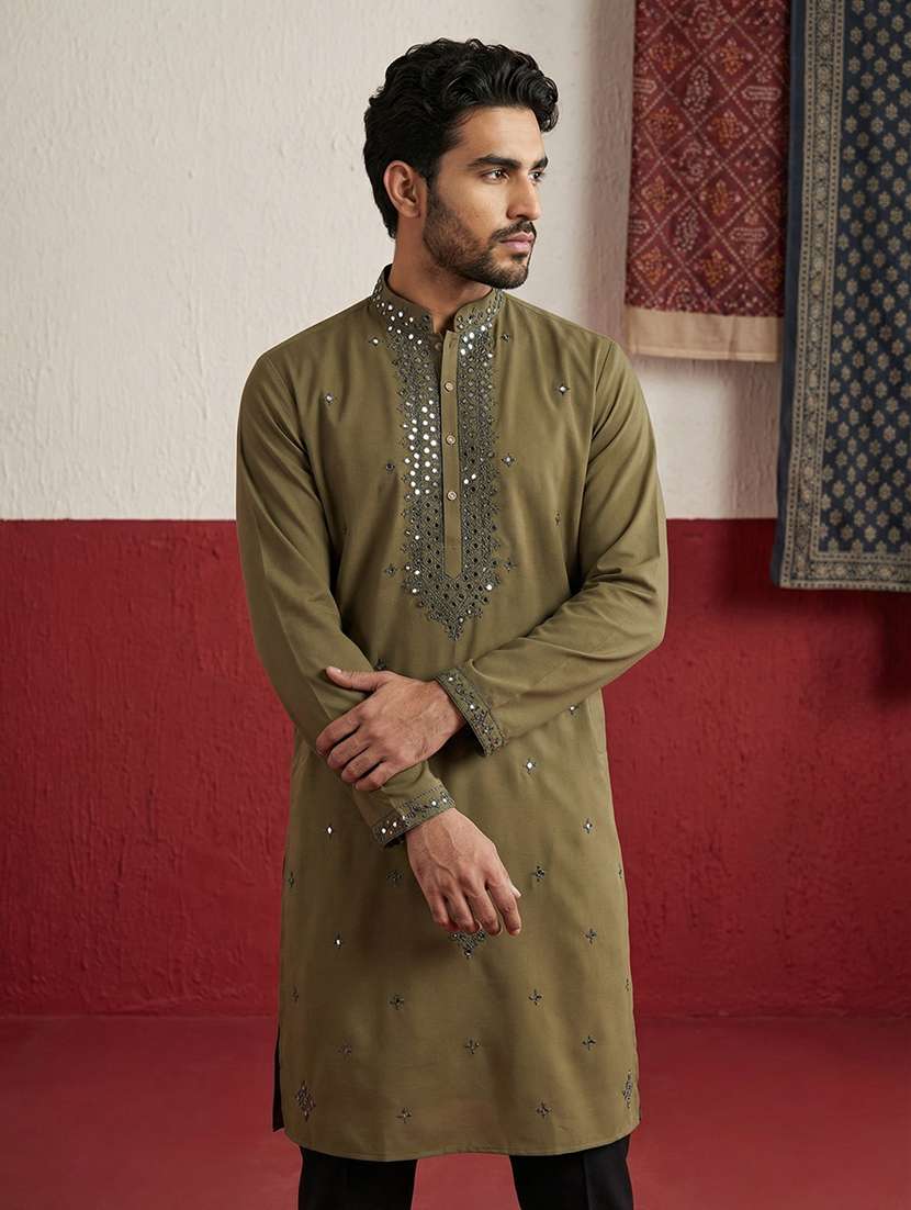 men solid with work mandarin neck long kurta - 22395548 -  Standard Image - 3