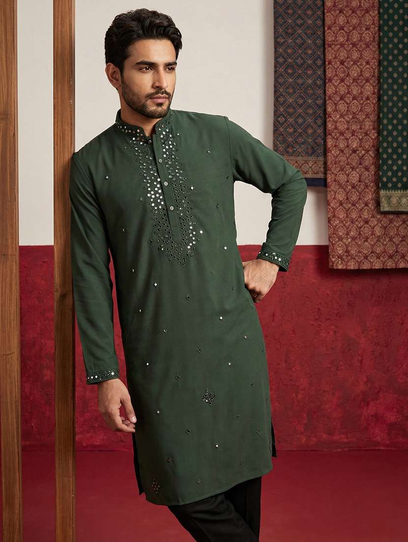 men solid with work mandarin neck long kurta