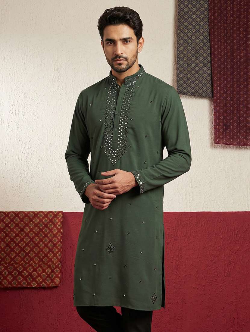 men solid with work mandarin neck long kurta - 22395549 -  Standard Image - 3