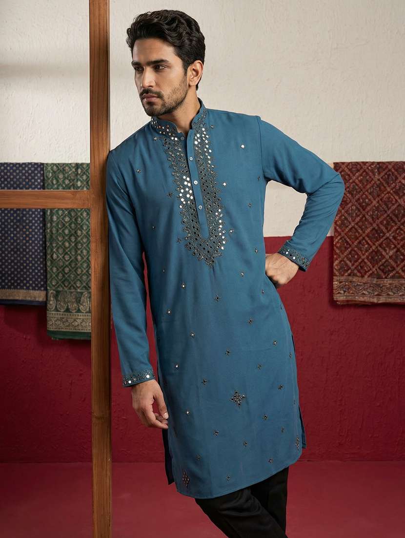 men solid with work mandarin neck long kurta