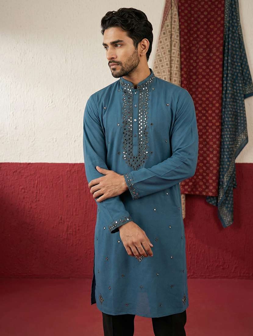 men solid with work mandarin neck long kurta - 22395550 -  Standard Image - 3