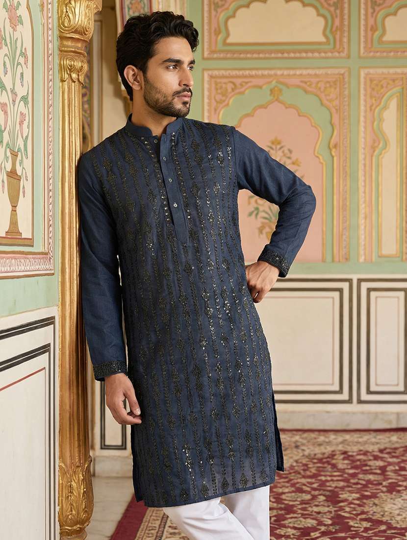men solid with work mandarin neck long kurta