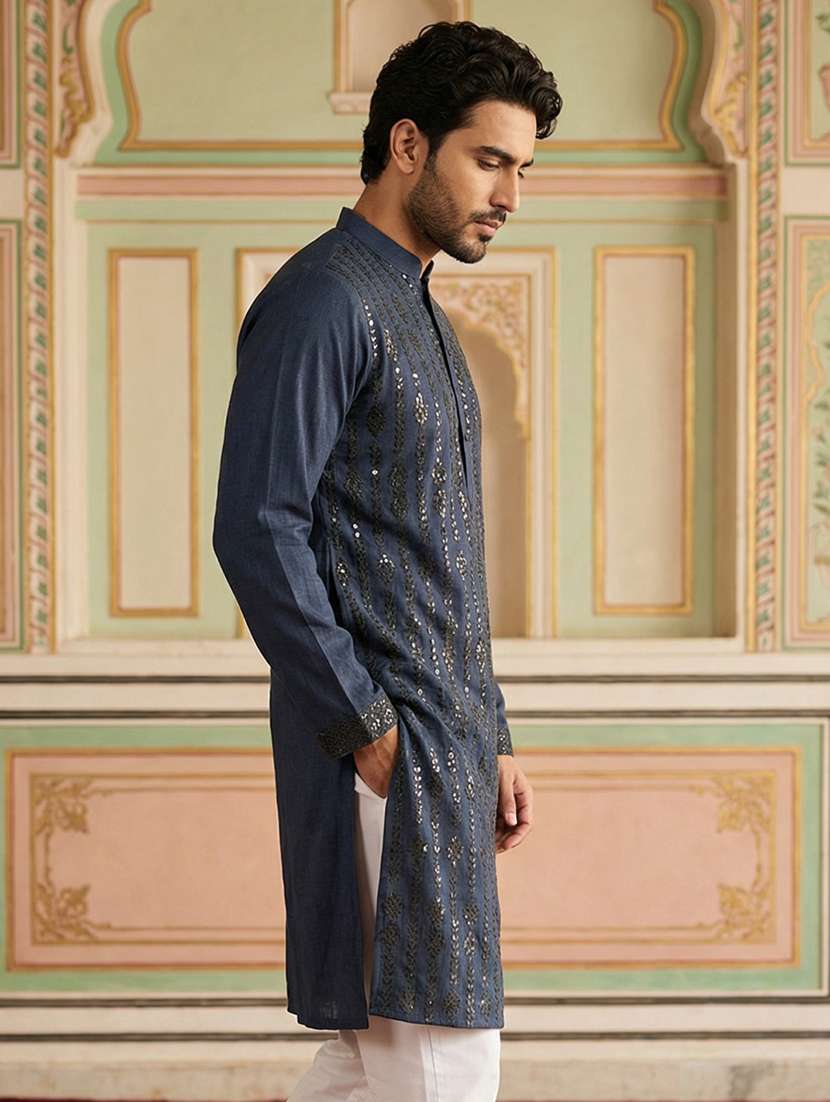 men solid with work mandarin neck long kurta - 22395552 -  Standard Image - 3