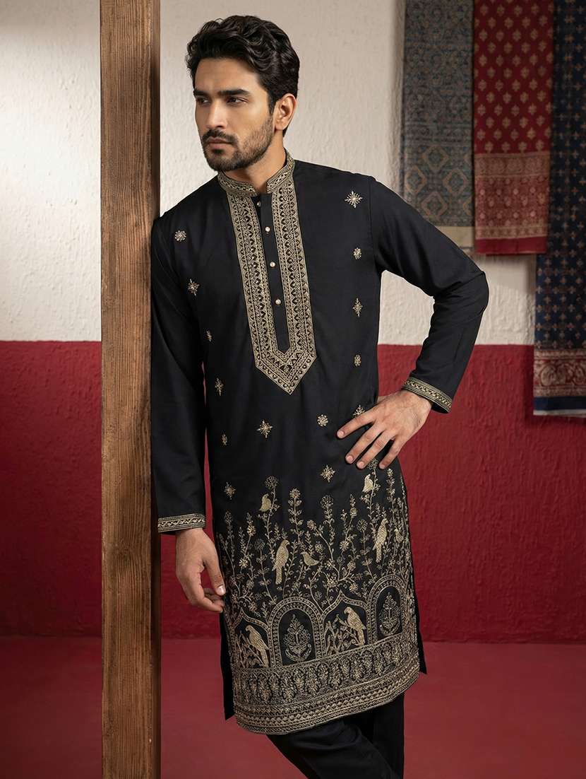 men solid with work mandarin neck long kurta
