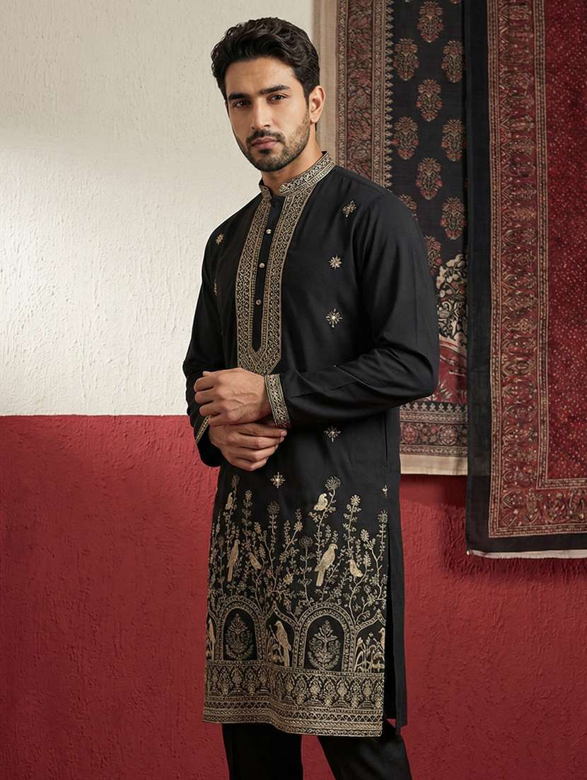 men solid with work mandarin neck long kurta - 22395555 -  Standard Image - 3