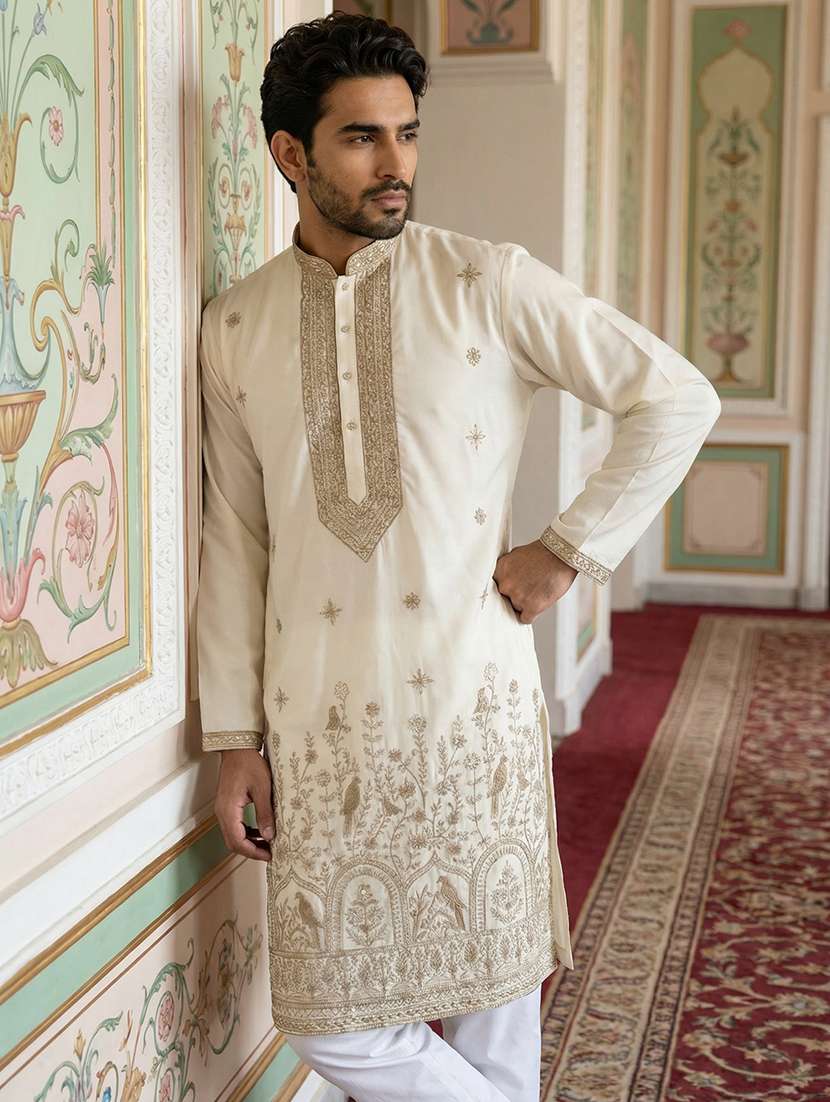 men solid with work mandarin neck long kurta