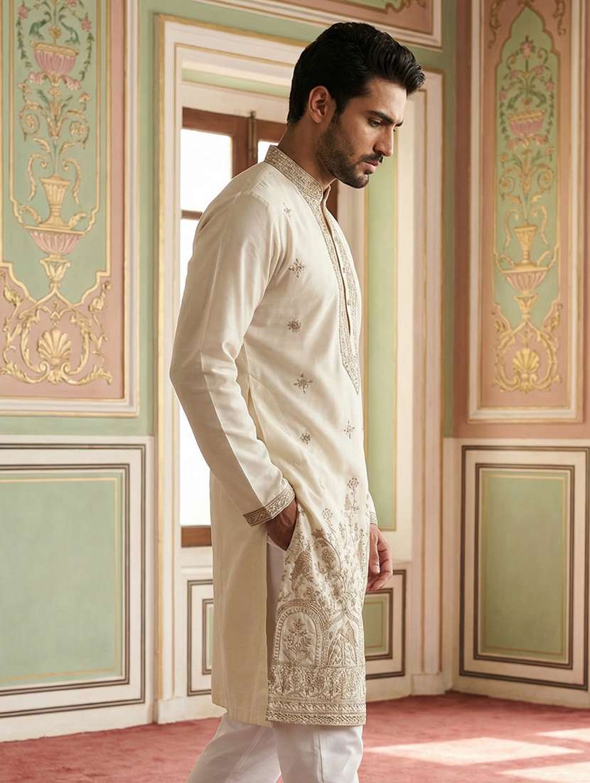 men solid with work mandarin neck long kurta - 22395556 -  Standard Image - 3