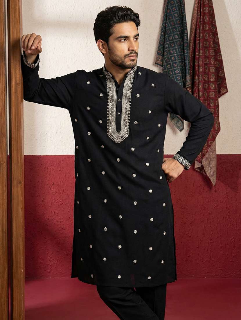 men solid with work mandarin neck long kurta