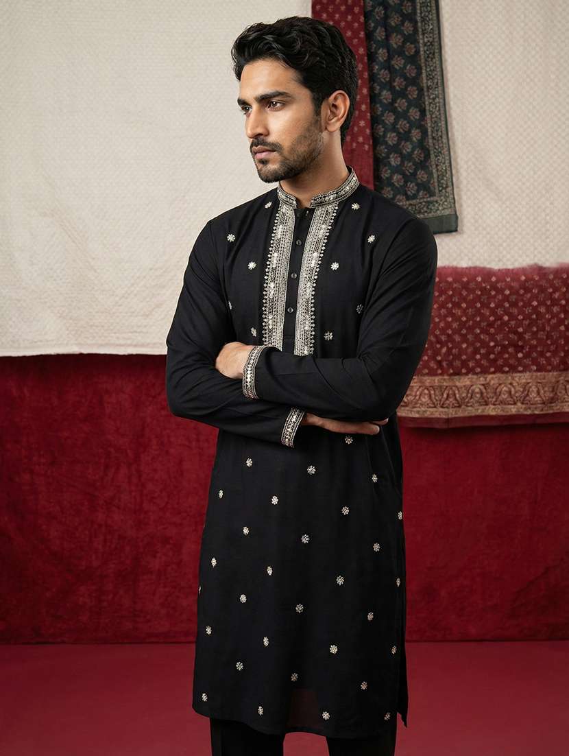 men solid with work mandarin neck long kurta - 22395557 -  Standard Image - 3