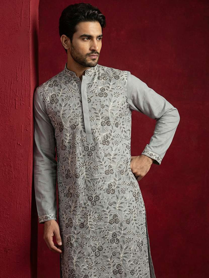 men solid with work mandarin neck long kurta