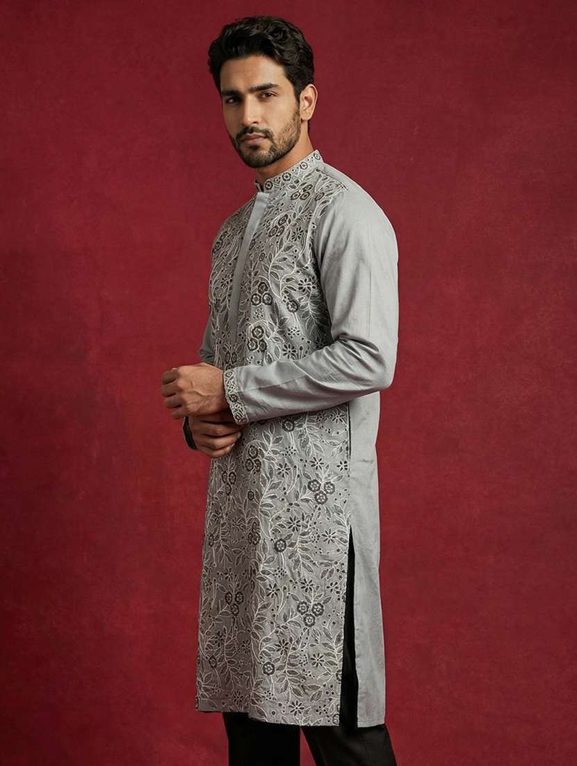men solid with work mandarin neck long kurta - 22395558 -  Standard Image - 3