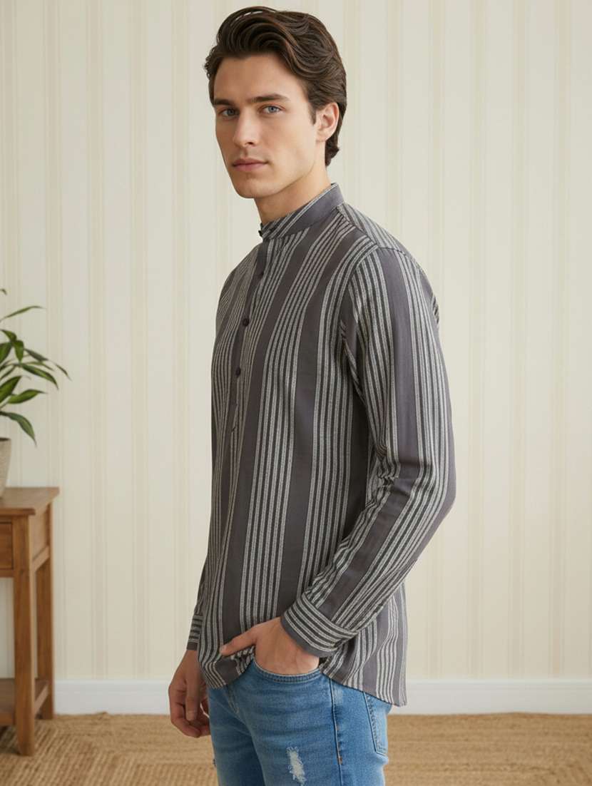 men striped mandarin neck short kurta - 22395560 -  Standard Image - 3