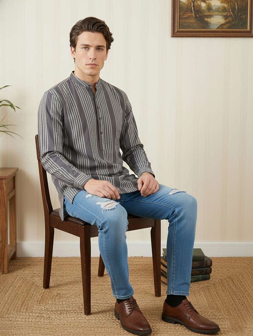 men striped mandarin neck short kurta - 22395560 -  Standard Image - 5