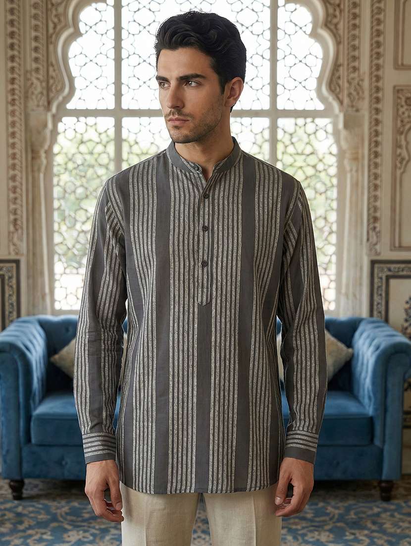 men striped mandarin neck short kurta
