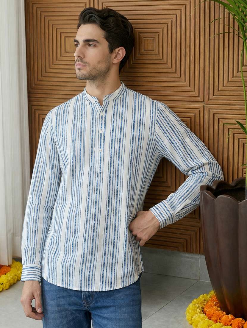 men striped mandarin neck short kurta