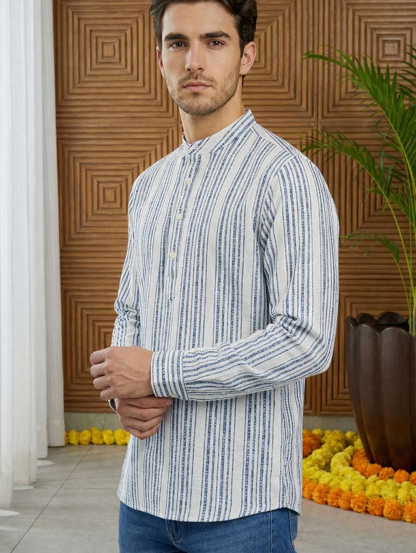 men striped mandarin neck short kurta - 22395562 -  Standard Image - 3