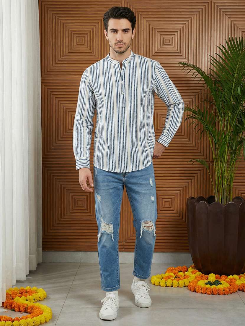 men striped mandarin neck short kurta - 22395562 -  Standard Image - 5