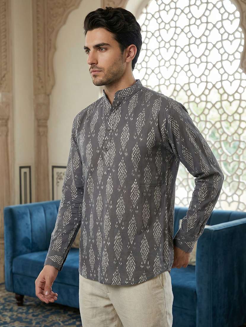 men printed mandarin neck short kurta - 22395564 -  Standard Image - 3