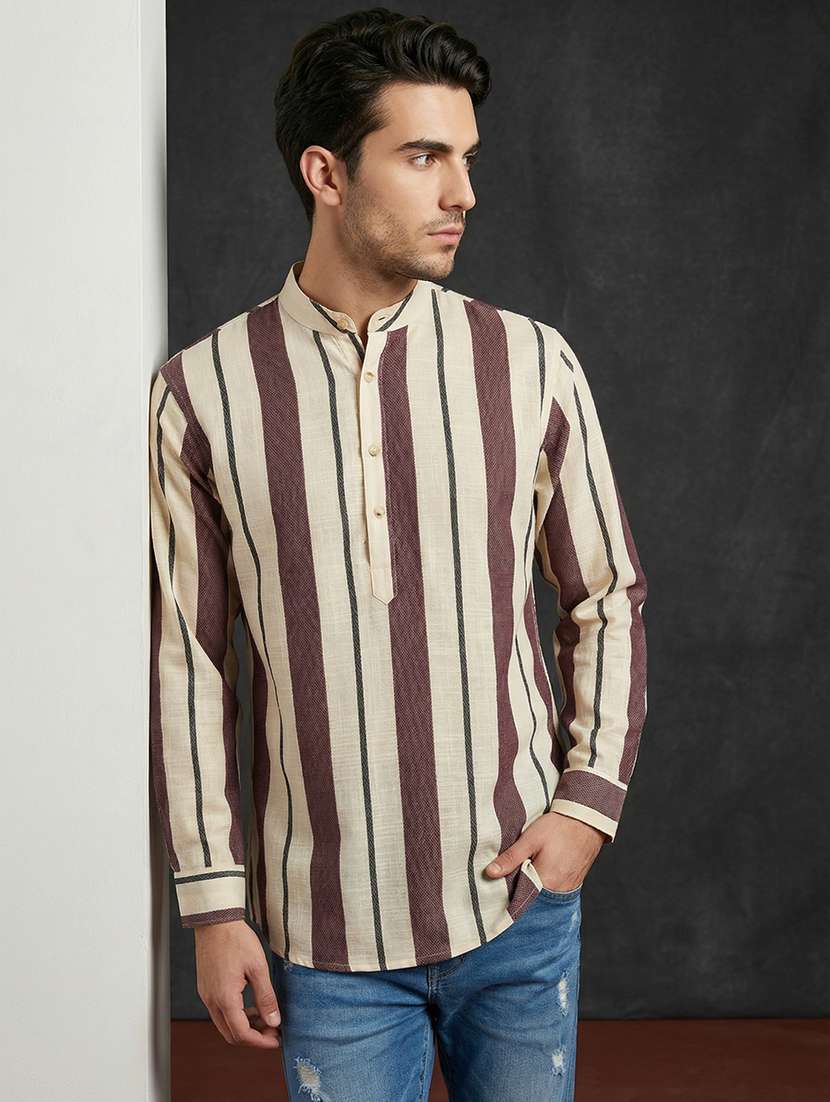 men striped mandarin neck short kurta