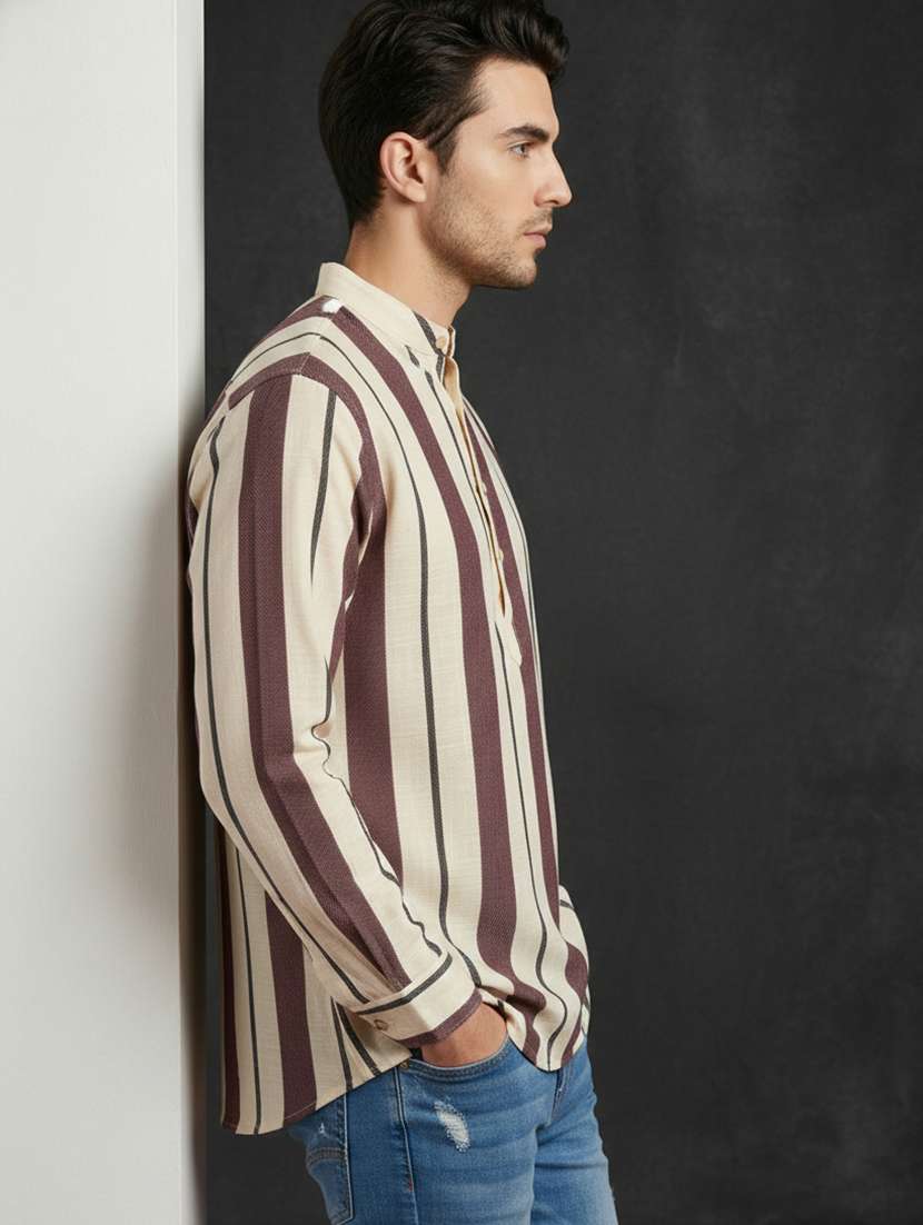 men striped mandarin neck short kurta - 22395565 -  Standard Image - 3