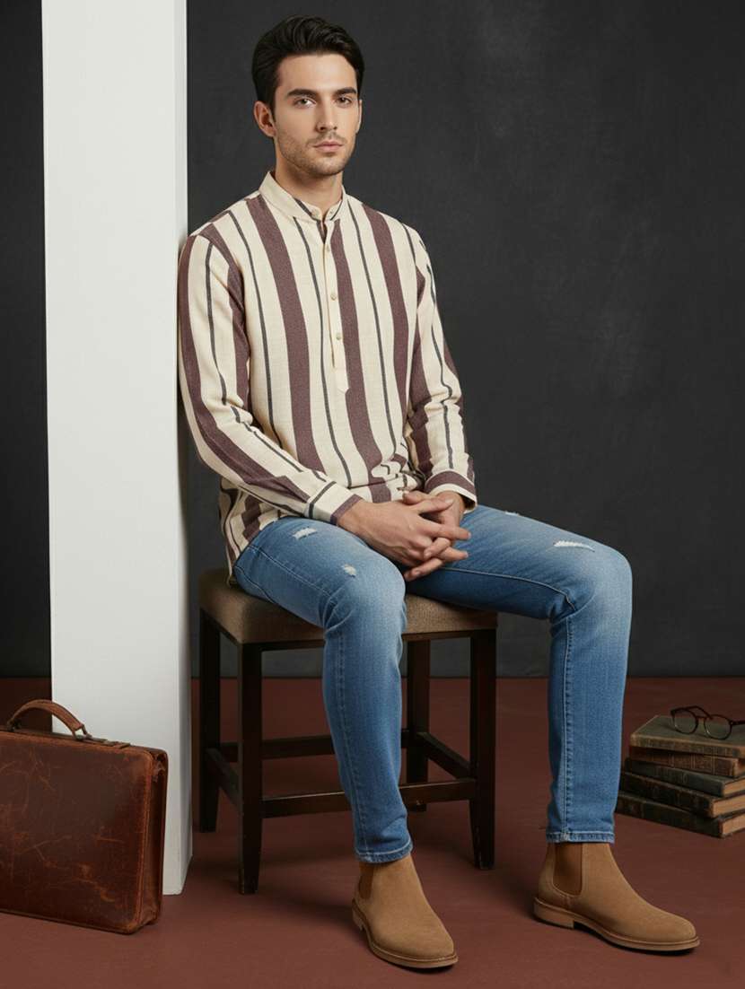 men striped mandarin neck short kurta - 22395565 -  Standard Image - 5