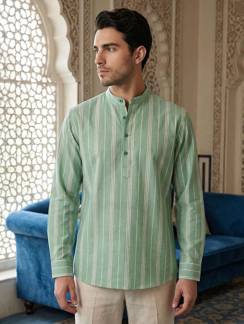 men striped mandarin neck short kurta - 22395566 -  Standard Image - 3
