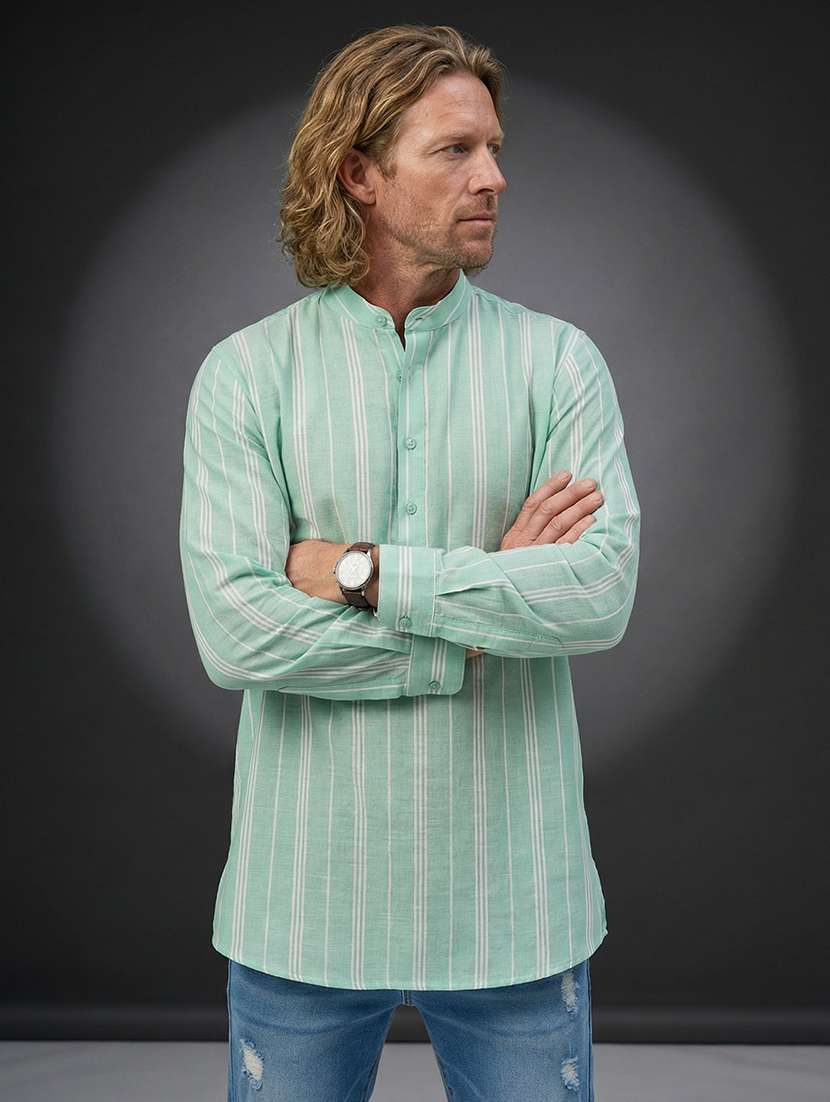men striped mandarin neck short kurta
