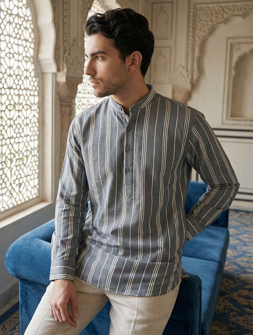 men striped mandarin neck short kurta