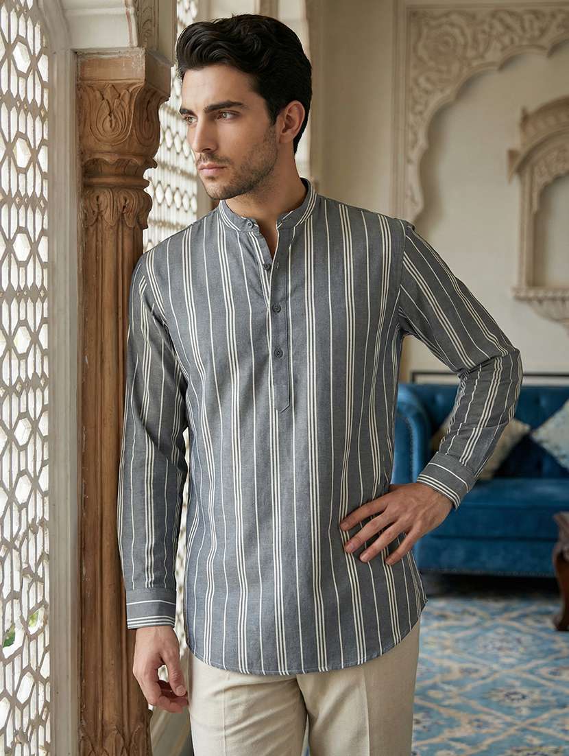 men striped mandarin neck short kurta - 22395568 -  Standard Image - 3