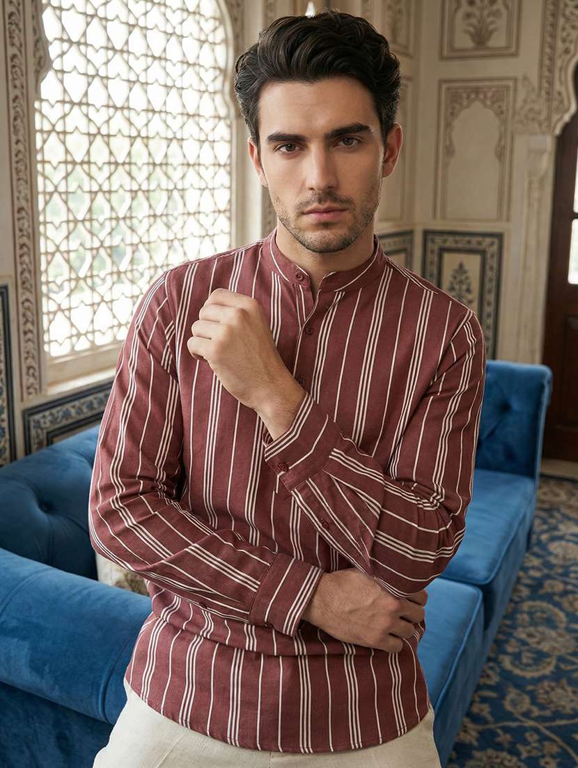 men striped mandarin neck short kurta