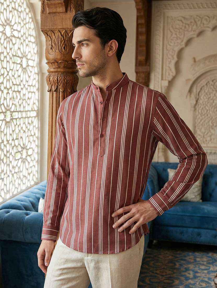men striped mandarin neck short kurta - 22395569 -  Standard Image - 3
