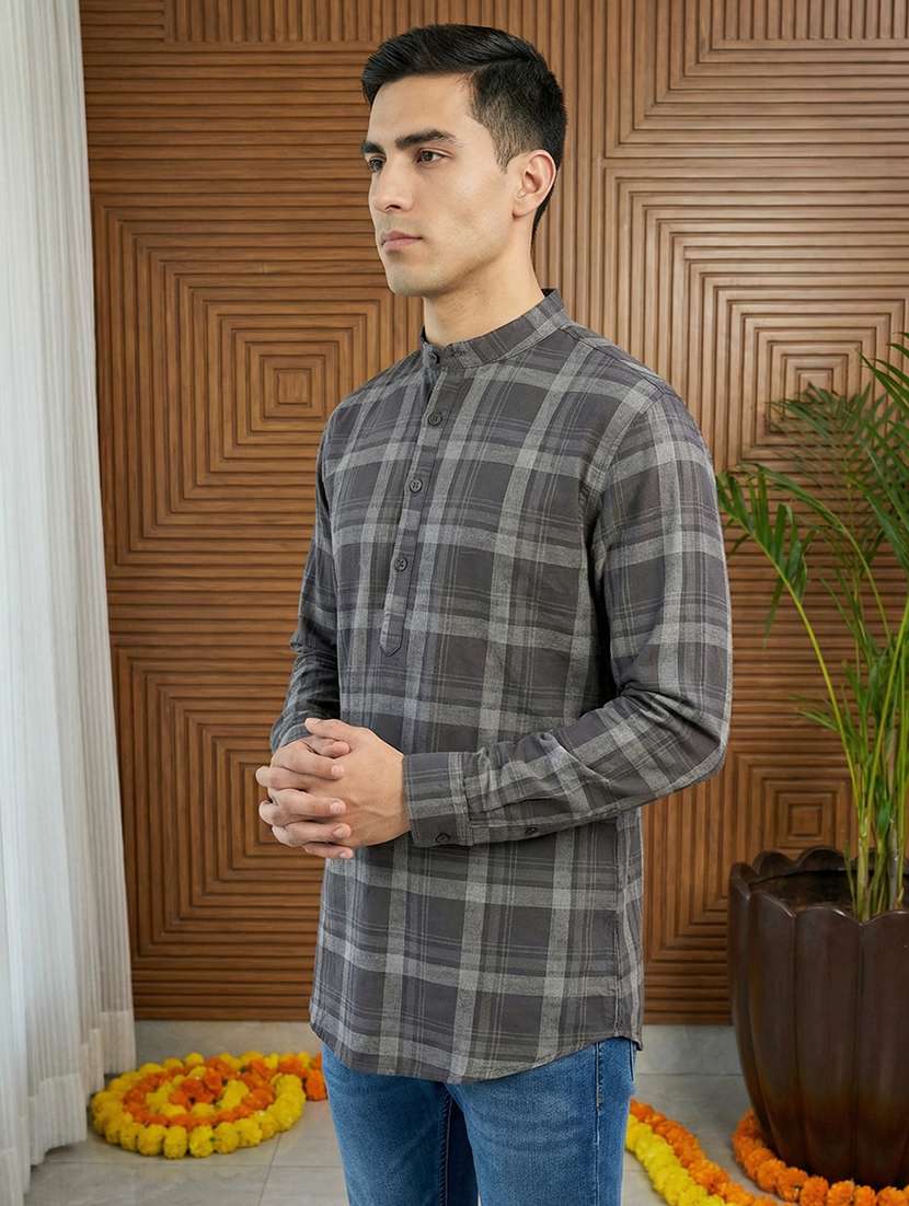 men checkered mandarin neck short kurta - 22395570 -  Standard Image - 3