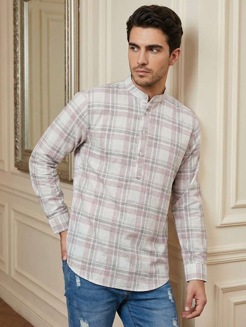 men checkered mandarin neck short kurta