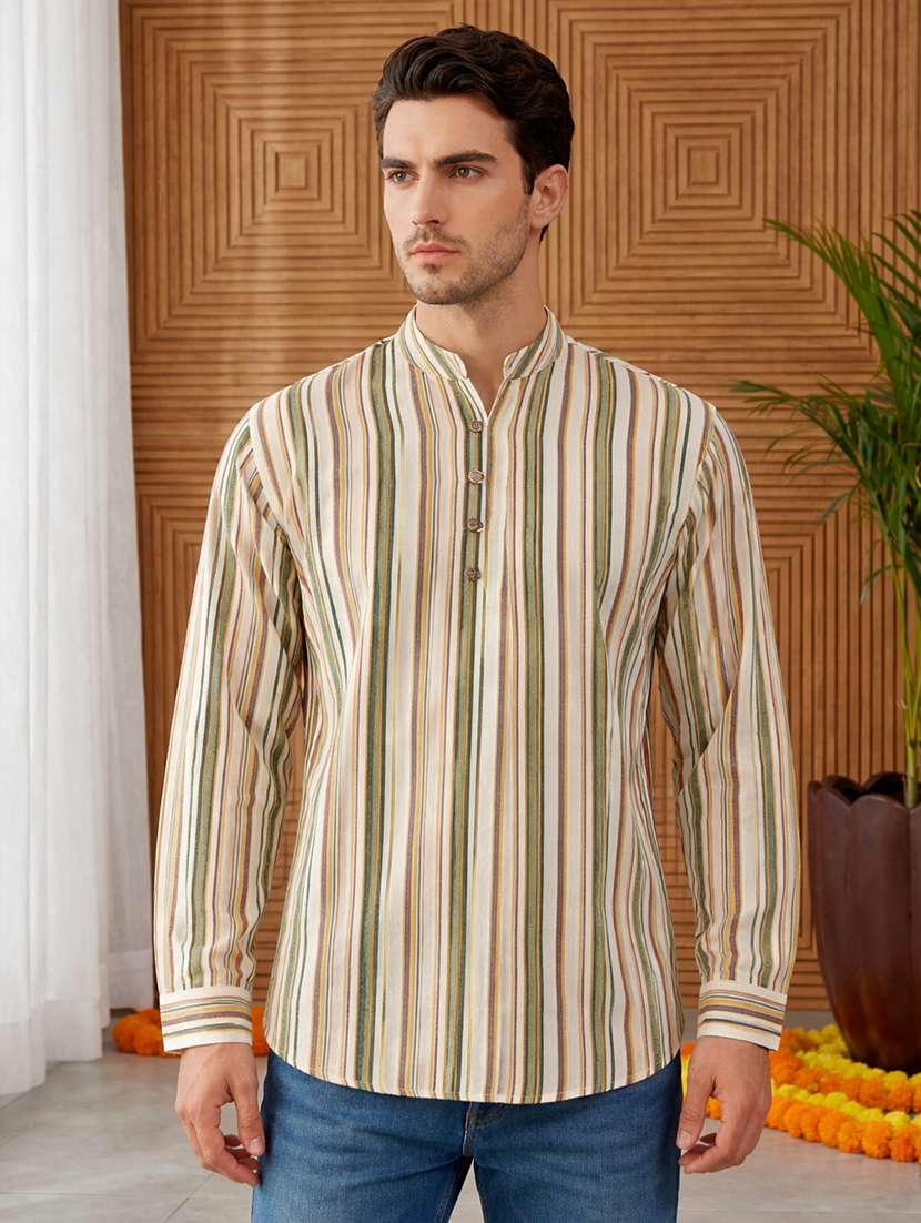 men striped mandarin neck short kurta