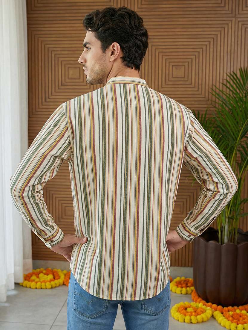 men striped mandarin neck short kurta - 22395574 -  Standard Image - 3