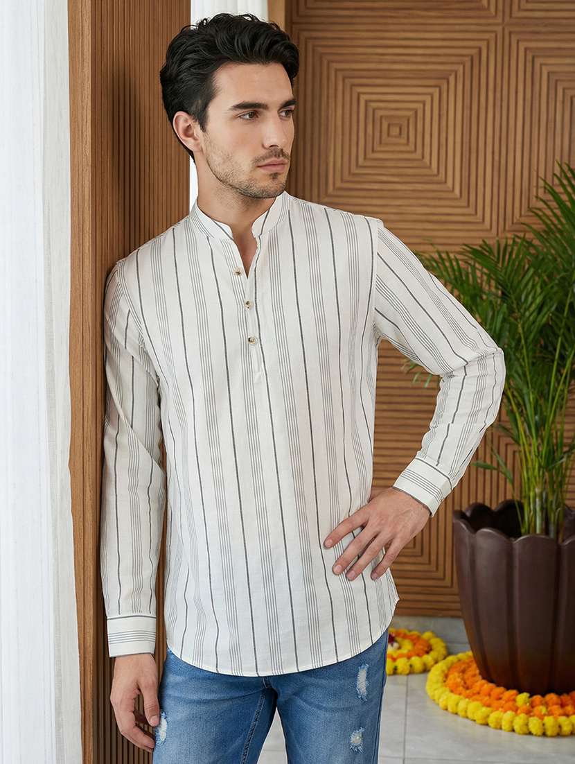 men striped mandarin neck short kurta