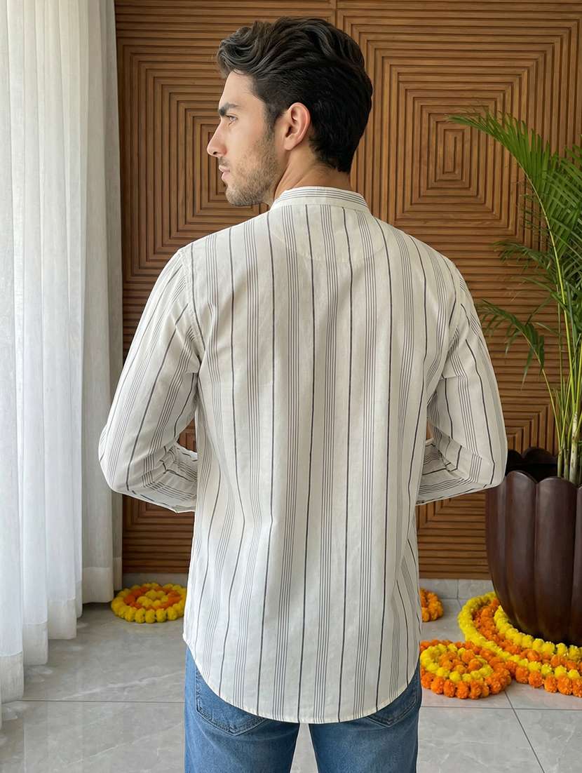 men striped mandarin neck short kurta - 22395576 -  Standard Image - 3