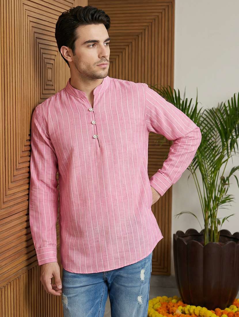 men striped mandarin neck short kurta