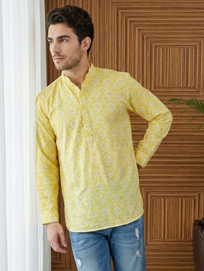 men printed mandarin neck short kurta