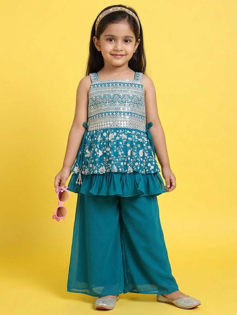 girls embroidered sleeveless kurta palazzo set