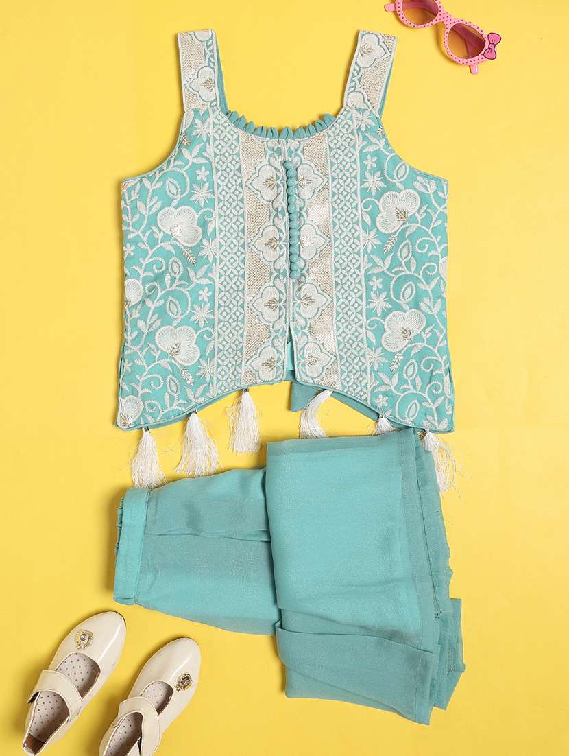 girls embroidered sleeveless kurta palazzo set