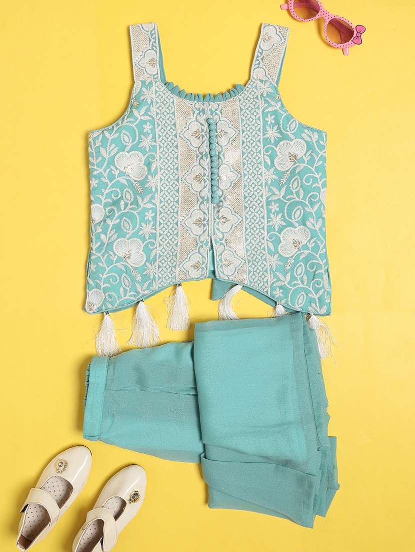 girls embroidered sleeveless kurta palazzo set