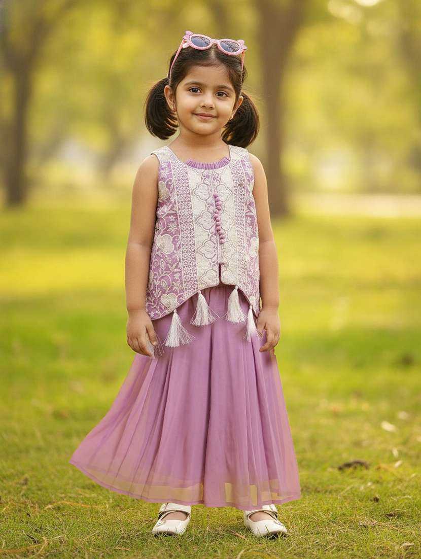girls embroidered sleeveless kurta palazzo set