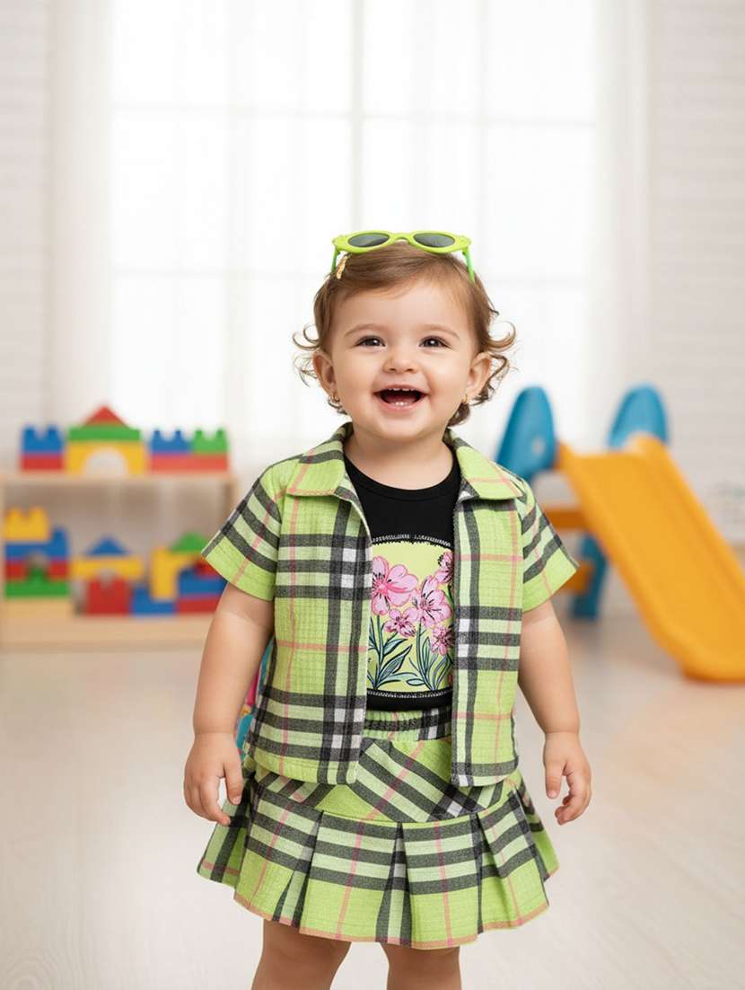 girls checkered short sleeves top and skirt with jacket co-ord set