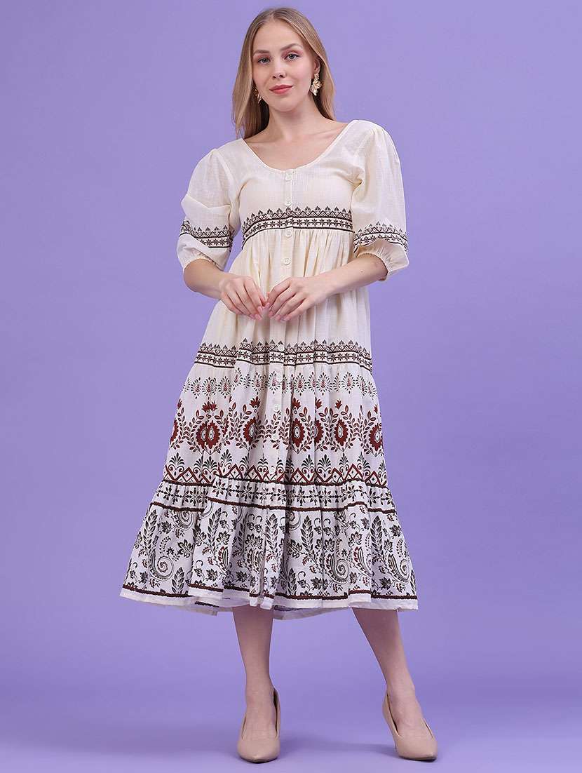 women printed three quarter sleeves tiered dress