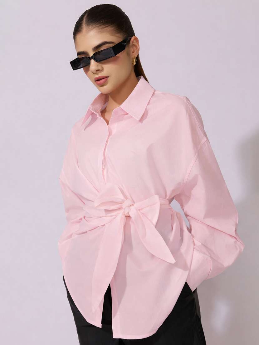 women collared puff sleeve wrap style oversized shirt