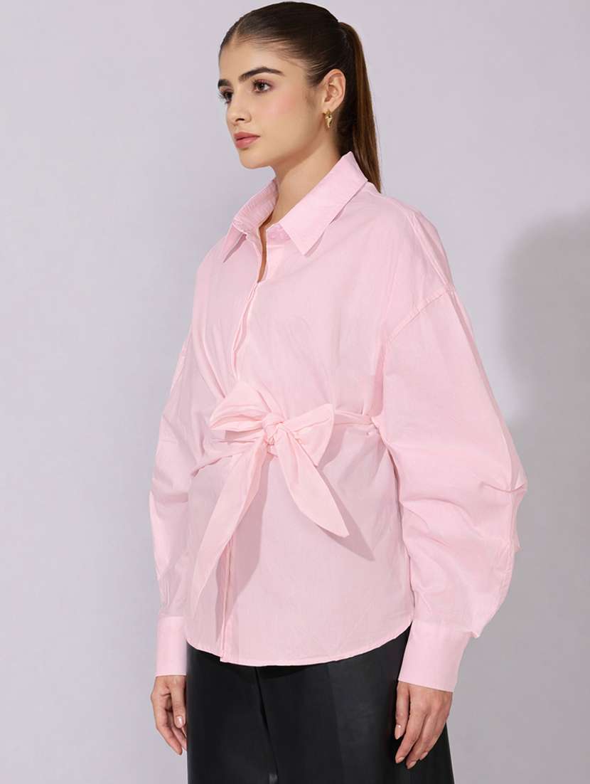 women collared puff sleeve wrap style oversized shirt - 22396073 -  Standard Image - 3