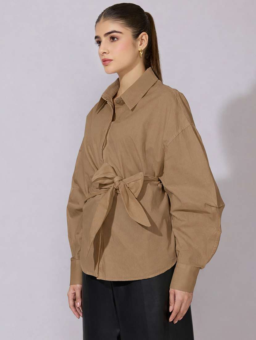 women collared puff sleeve wrap style oversized shirt - 22396074 -  Standard Image - 3