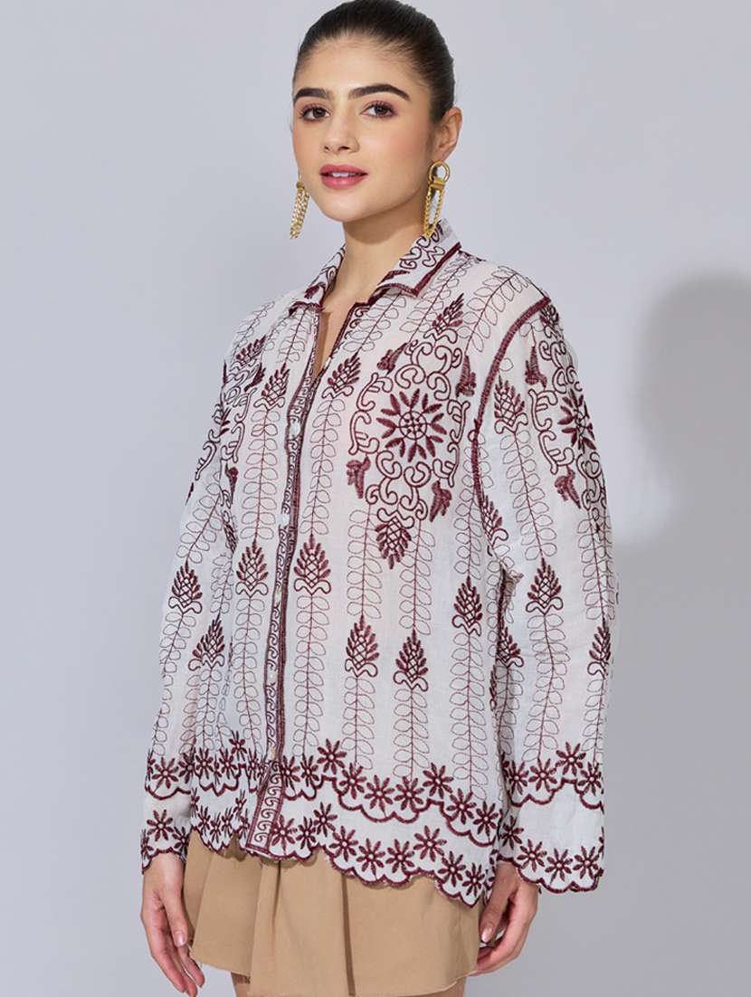women embroidered collared long sleeve shirt - 22396075 -  Standard Image - 3